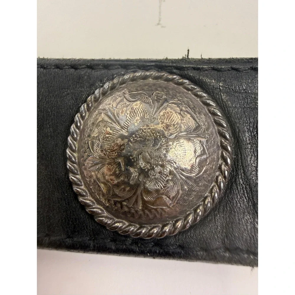 Vintage 1994 Western Black Leather Braided Concho Belt Engraved Buckle Cowboy